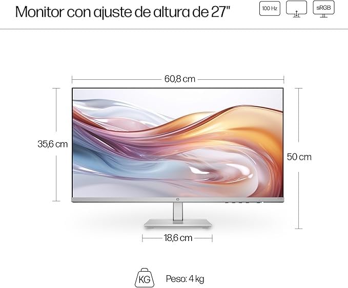 HP 527sh- Monitor de 27" FHD (1920x1080, IPS, 100 Hz, 5ms, 99% sRGB, 300 Nits, contraste 1500:1, Altura Ajustable) Negro con Soporte Plateado