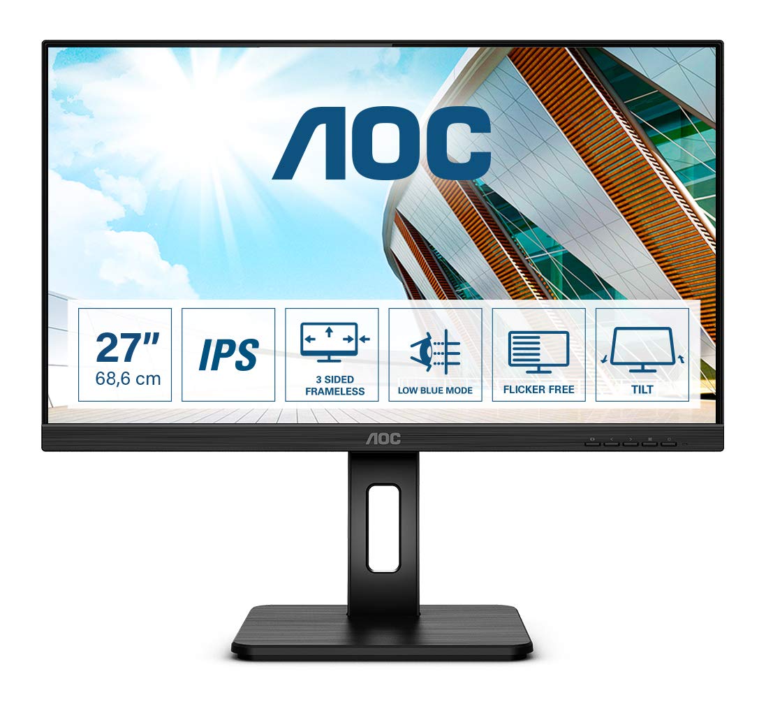 AOC 27P2Q Monitor 27 Pulgadas FHD, 75Hz, IPS, 4 ms GtG, Adaptive Sync., Altura ajustable, Altavoces (1920x1080, 1x HDMI 1.4, 1x DP 1.2, USB-Hub), Negro