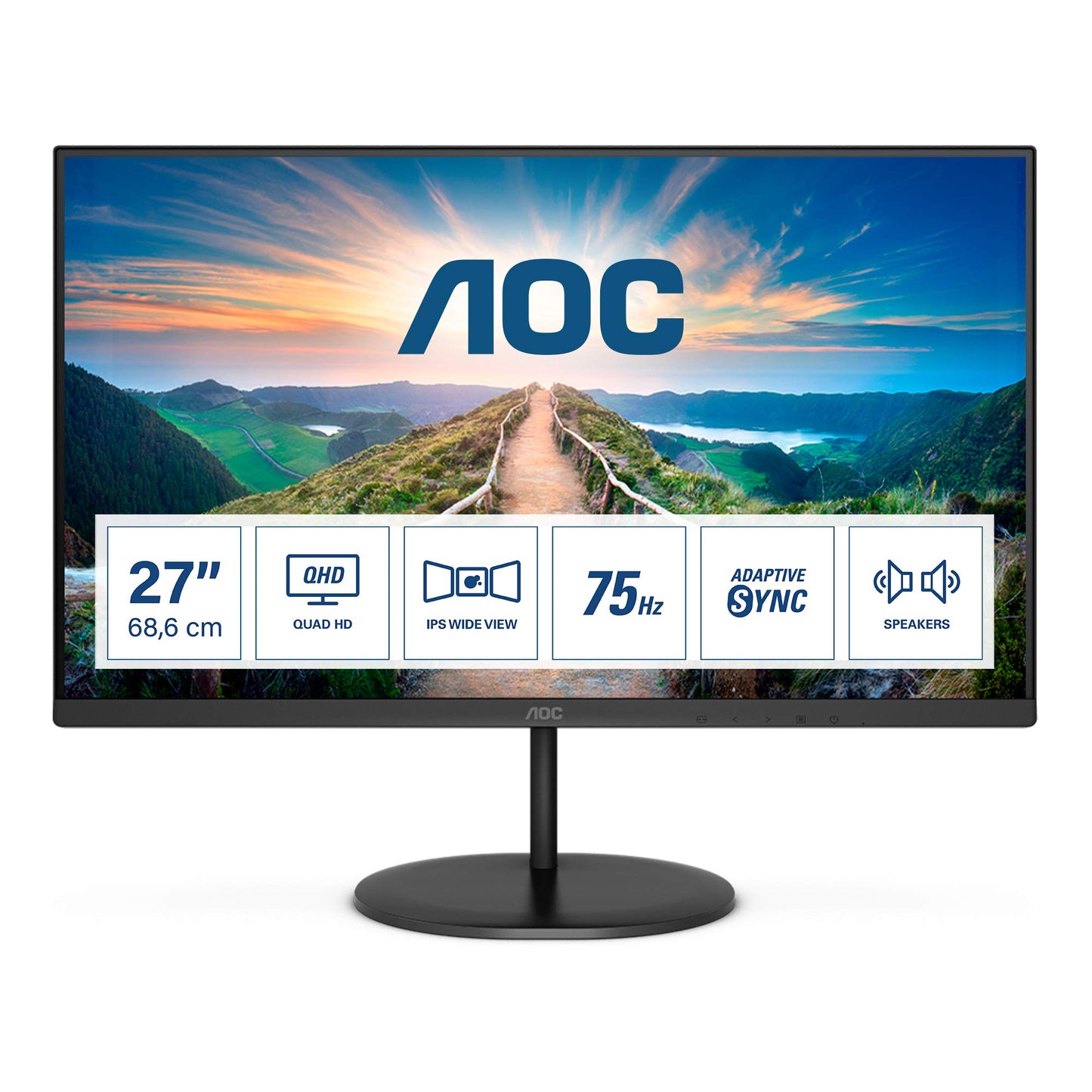 AOC Q27V4EA Monitor 27 Pulgadas QHD, 75Hz, IPS, 4 ms GtG, Adaptive Sync., Altavoces (2560x1440 , 1x HDMI 1.4, 1x DP 1.2), Negro