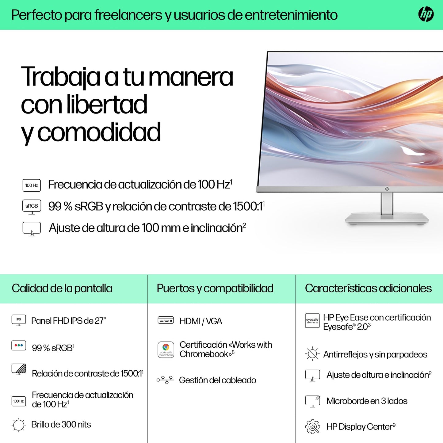 HP 527sh- Monitor de 27" FHD (1920x1080, IPS, 100 Hz, 5ms, 99% sRGB, 300 Nits, contraste 1500:1, Altura Ajustable) Negro con Soporte Plateado