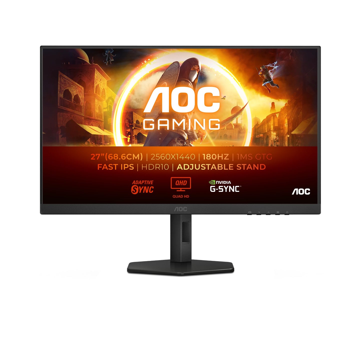 AOC Gaming Q27G4XF - Monitor QHD de 27 Pulgadas, 180 Hz, Plano, 0,5 ms, FreeSync Prem., Comp. G-Sync, HDR10, Ajustable (IPS, 2560x1440, DisplayPort, HDMI) Negro/Gris