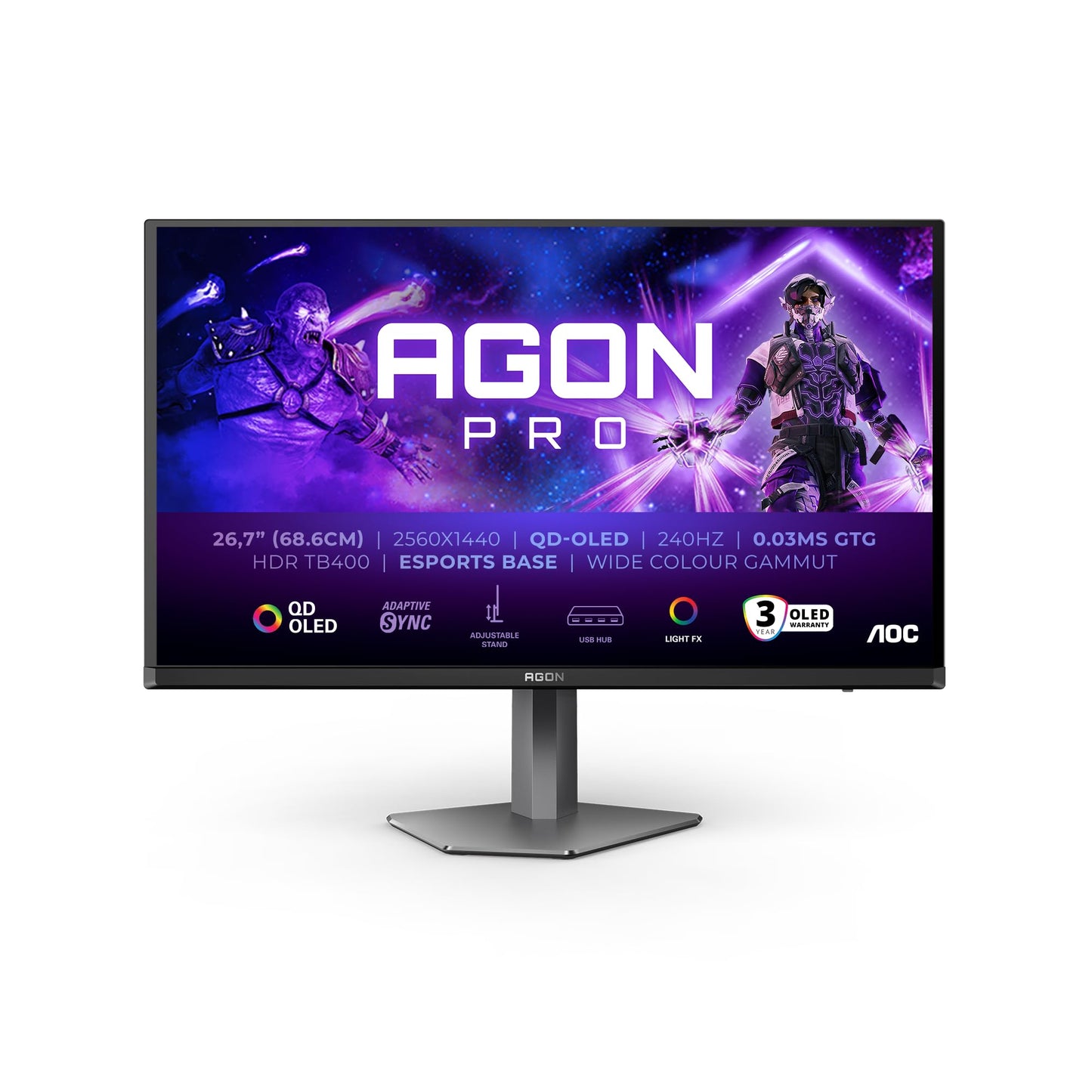 AOC Agon Pro AG276QZD2 Monitor Gaming 27" QHD, 240Hz, QD-OLED, 0.03 ms GtG, HDR400 TrueBlack, Adaptive Sync., G-Sync Compat., Altavoces, Altura Ajustable (2X HDMI 2.0, 2X DP 1.4, USB-Hub) Gris