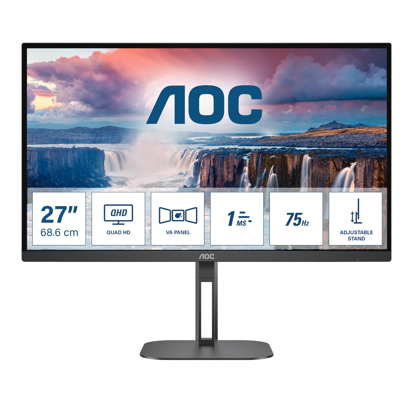 AOC Q27V5N - Monitor QHD de 27 pulgadas, VA, 75 Hz, 4 ms, FreeSync, ajuste de altura, pivotable, altavoces, FlickerFree (2560 x 1440, 75 Hz, 300 cd/m², HDMI 1.4 / DP 1.2)