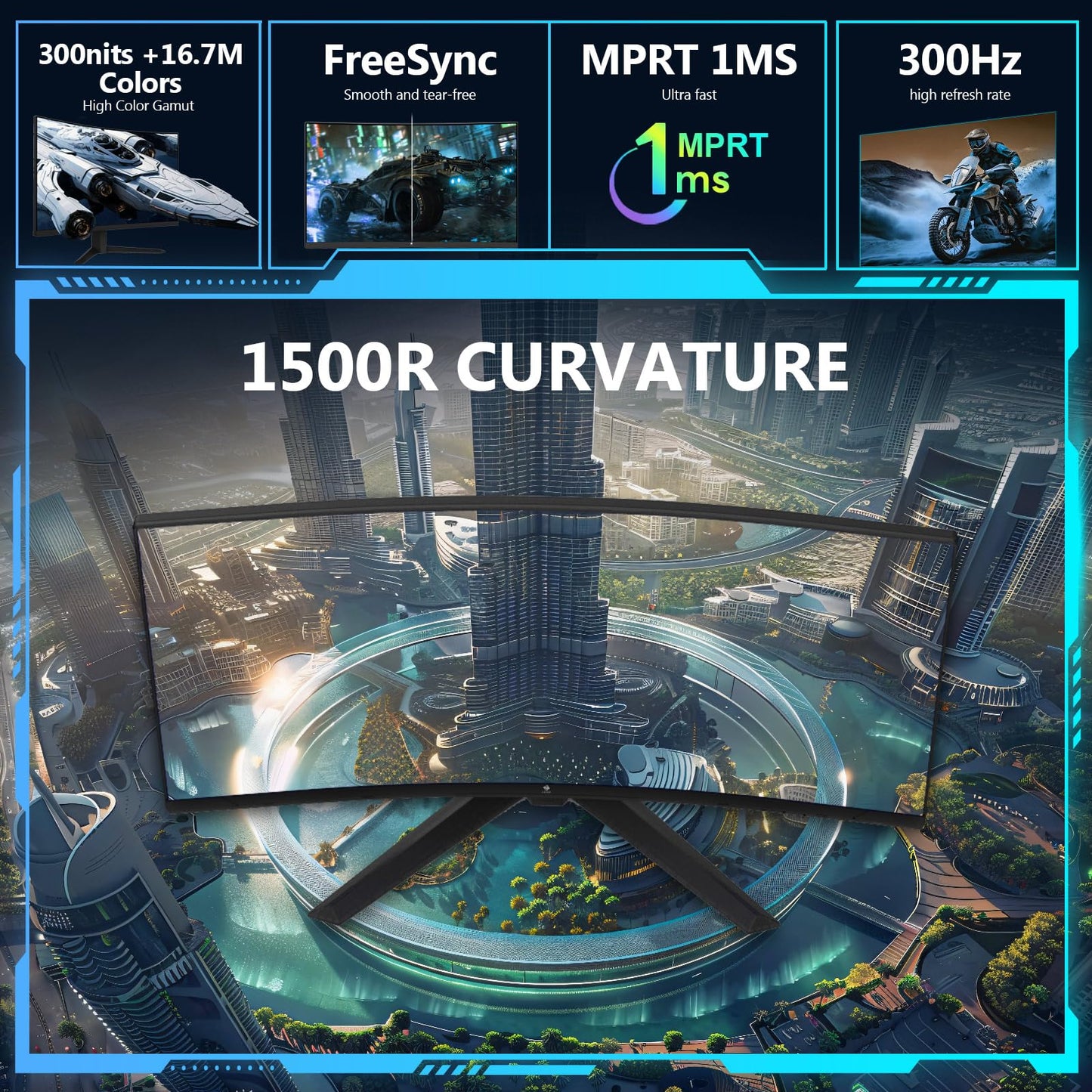 Z-Edge - Monitor Curvado para Juegos de 27 Pulgadas, 300 Hz, 1 ms 16:9 FHD 1080P, Monitor Curvado sin Marco, UG27S Freesync Eye Care, 2 DisplayPort, 2 HDMI