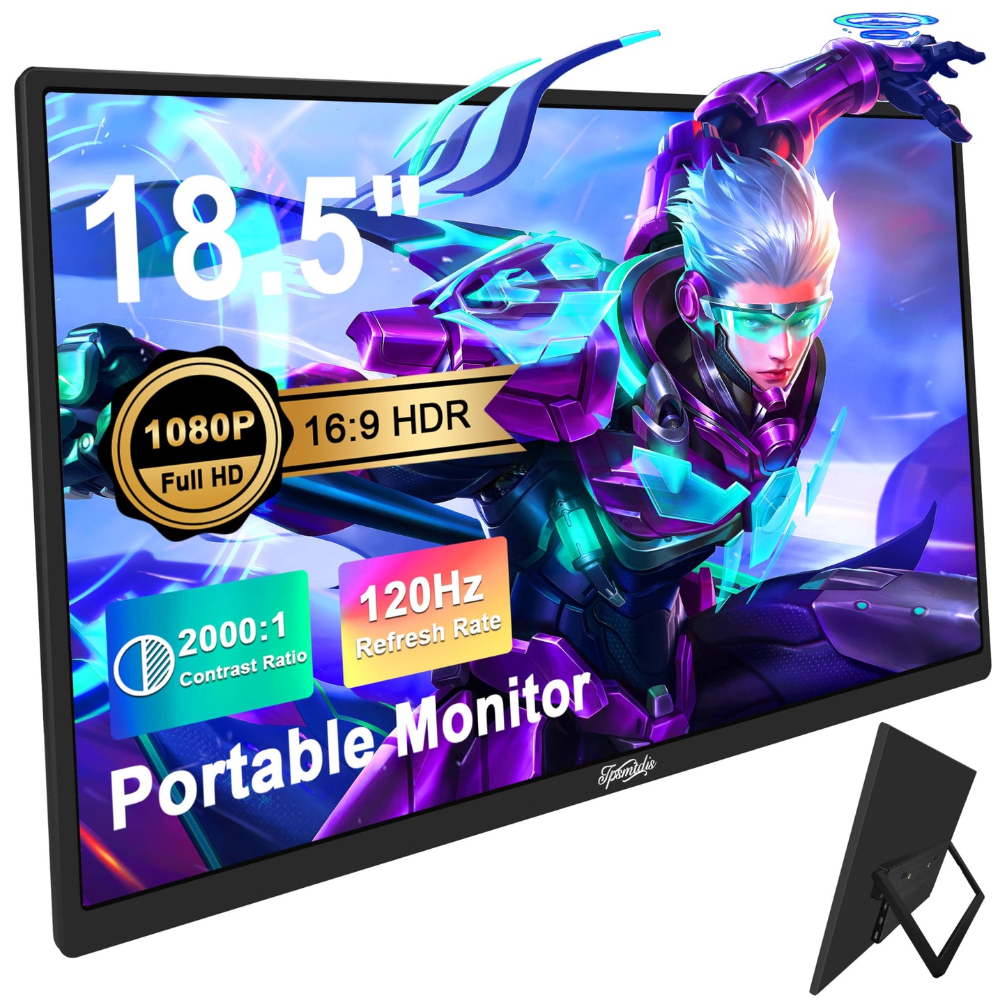 Tpsmtdis Monitor portátil de 18,5 pulgadas, monitor de ordenador 120 Hz,monitor de juego de viaje,300 nits,HDR FHD Plug&Play,altavoces duales,pantalla externa para PC,tableta,Mac (18,5 pulgadas negro)