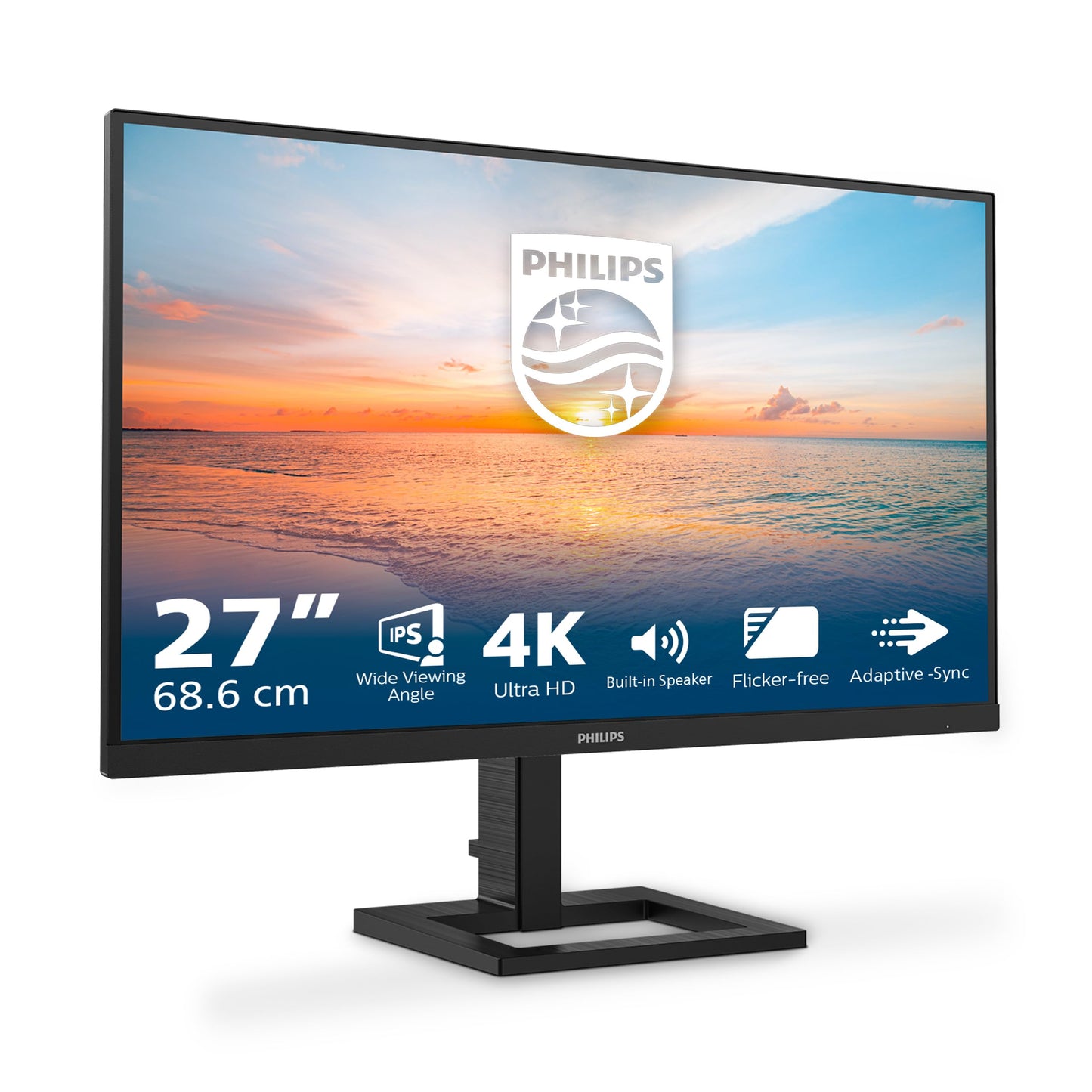 Philips 27E1N1800AE Monitor 27" UHD, WLED, 60Hz, IPS, 4 ms GtG, HDR10, Adaptive Sync., Altavoces, Altura Ajustable (3840x2160, 2X HDMI 2.0, 1x DP 1.4) Negro