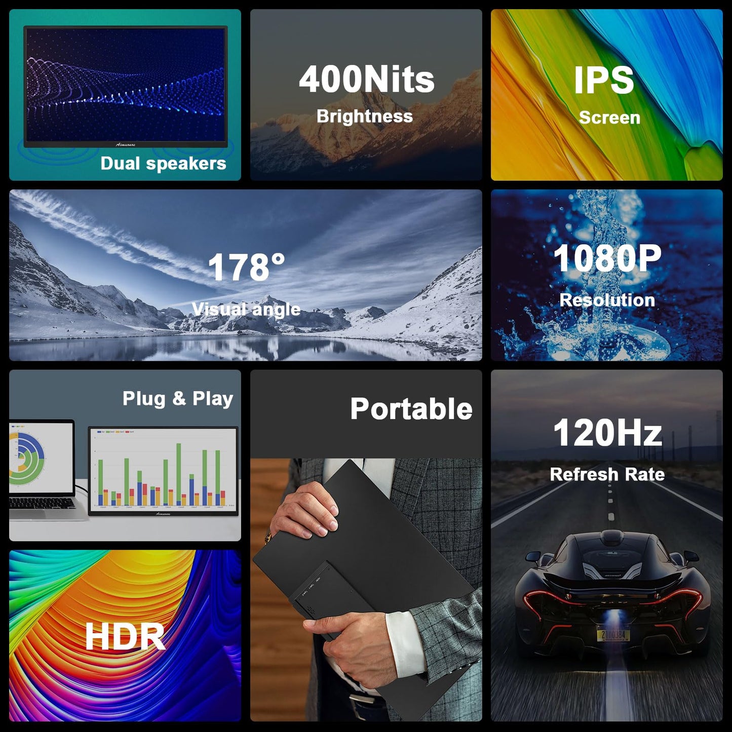 Tpsmtdis Monitor portátil de 18,5 pulgadas, monitor de ordenador 120 Hz,monitor de juego de viaje,300 nits,HDR FHD Plug&Play,altavoces duales,pantalla externa para PC,tableta,Mac (18,5 pulgadas negro)