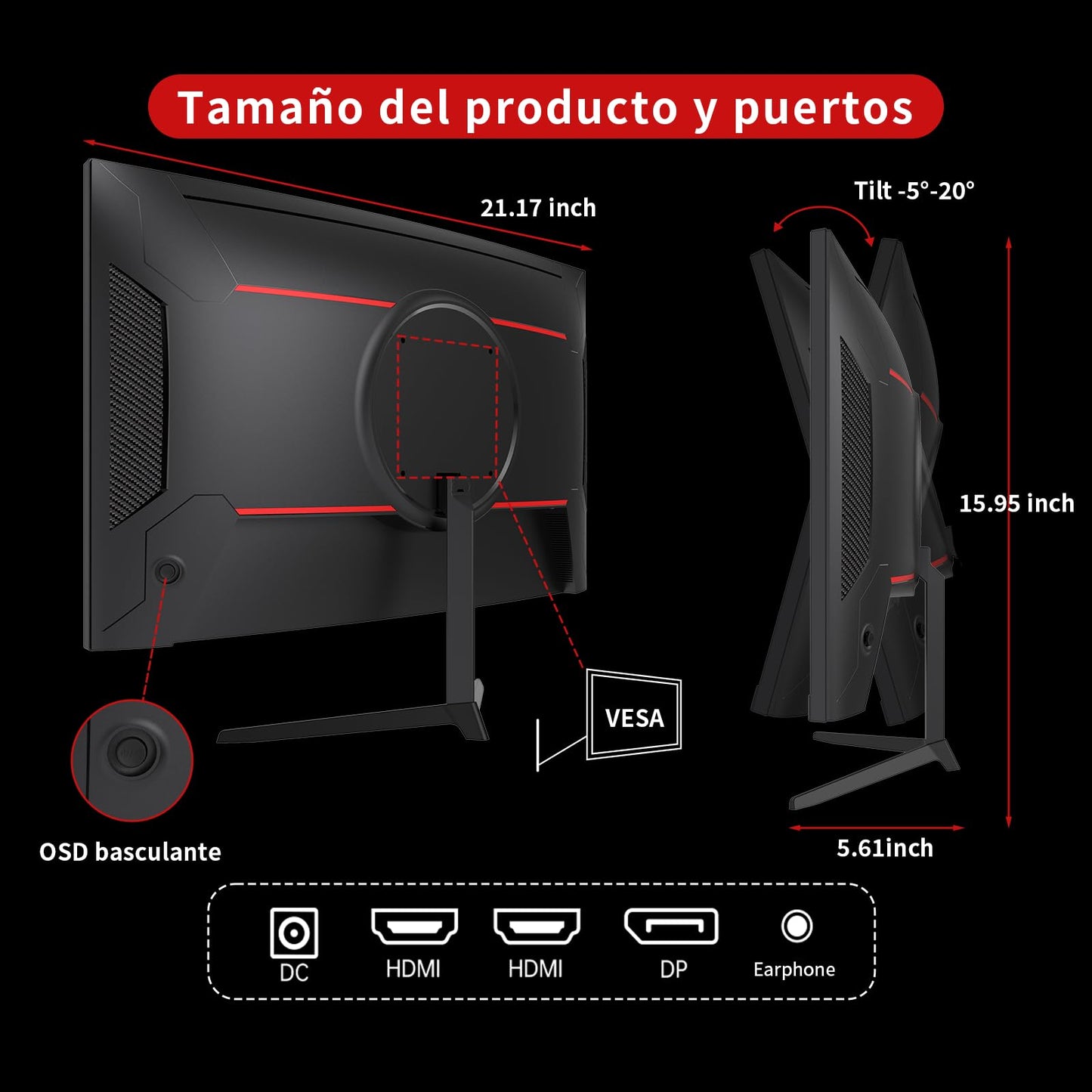 KTC Monitor Gaming Curvo 1500R 24 Pulgadas, FHD (1920x1080p) 1ms 180Hz 144Hz 120Hz Pantalla Gaming, Adaptive Sync, VA Panel, HDR, HDMI 2.0/DP 1.4, VESA para PC, portátil, PS5 y más