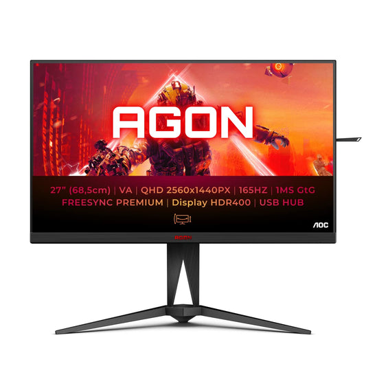 AOC AGON AG275QXN - Monitor QHD de 27 gaming, 165 Hz, 1 ms, HDR400, FreeSync Premium (2560 x 1440, HDMI, DisplayPort, USB Hub), Negro/Rojo
