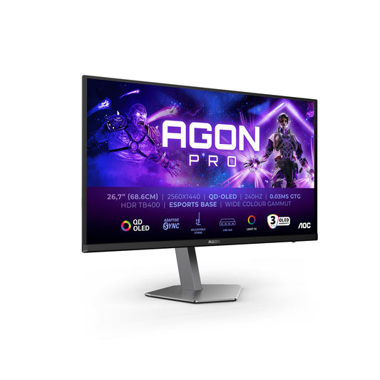 AOC Agon Pro AG276QZD2 Monitor Gaming 27" QHD, 240Hz, QD-OLED, 0.03 ms GtG, HDR400 TrueBlack, Adaptive Sync., G-Sync Compat., Altavoces, Altura Ajustable (2X HDMI 2.0, 2X DP 1.4, USB-Hub) Gris