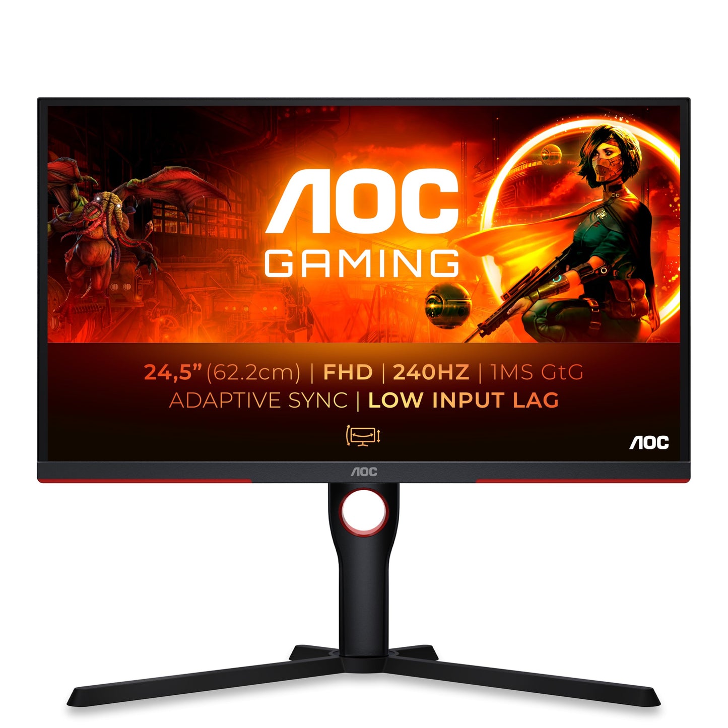 AOC Gaming 25G3ZM/BK - Monitor FHD de 25", 240 Hz, 0.5 ms MPRT, Plano, FreeSync Premium, Ajustable (VA, 1920x1080, HDMI 2.0 x 2, DisplayPort 1.2 x 1, Headphone out (3.5mm)) negro/rojo