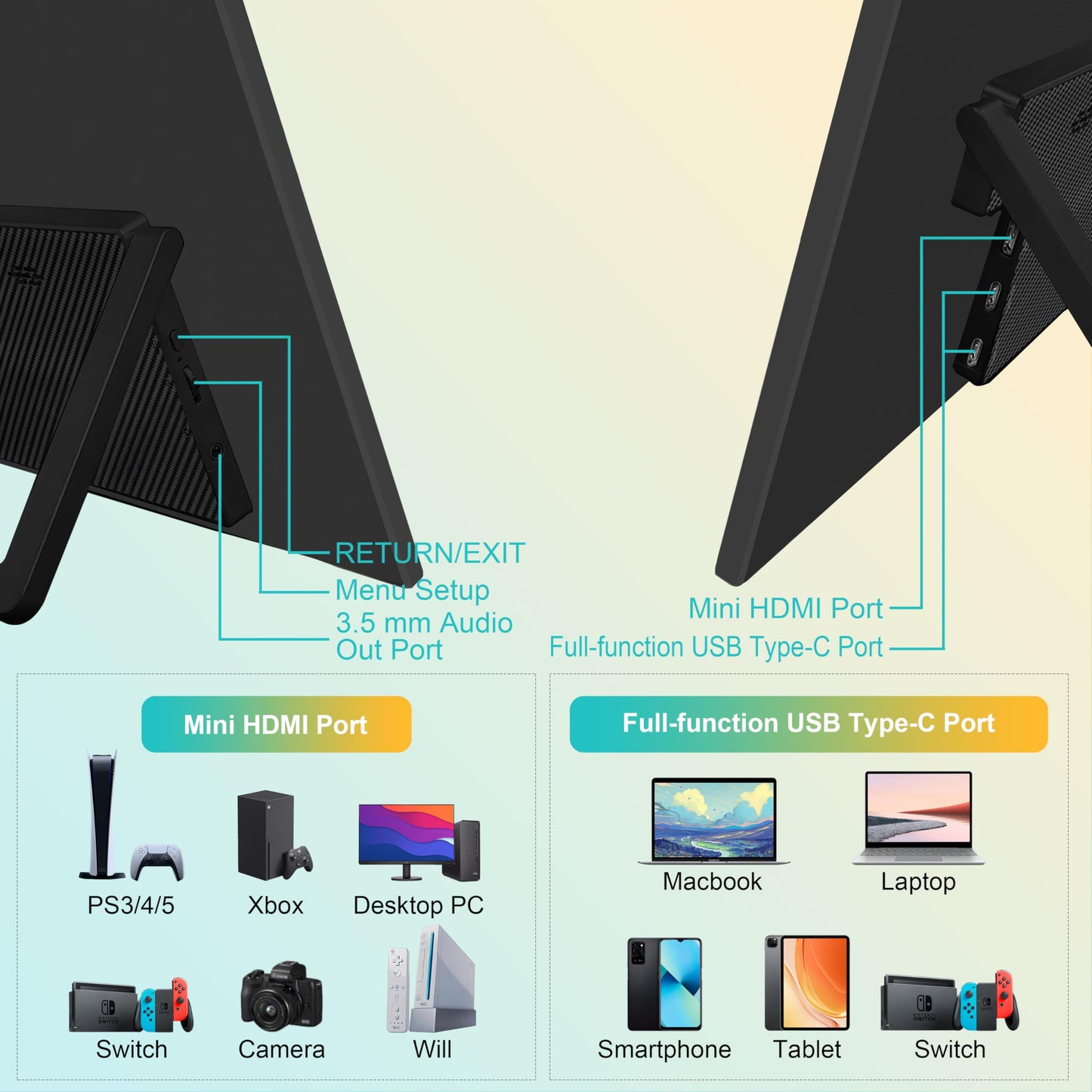 Tpsmtdis Monitor portátil de 18,5 pulgadas, monitor de ordenador 120 Hz,monitor de juego de viaje,300 nits,HDR FHD Plug&Play,altavoces duales,pantalla externa para PC,tableta,Mac (18,5 pulgadas negro)
